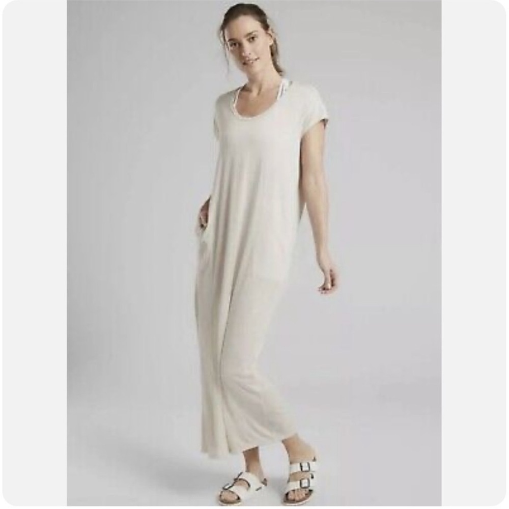 Athleta Martinique Maxi Soft Drapey Pockets Dress Asiago White